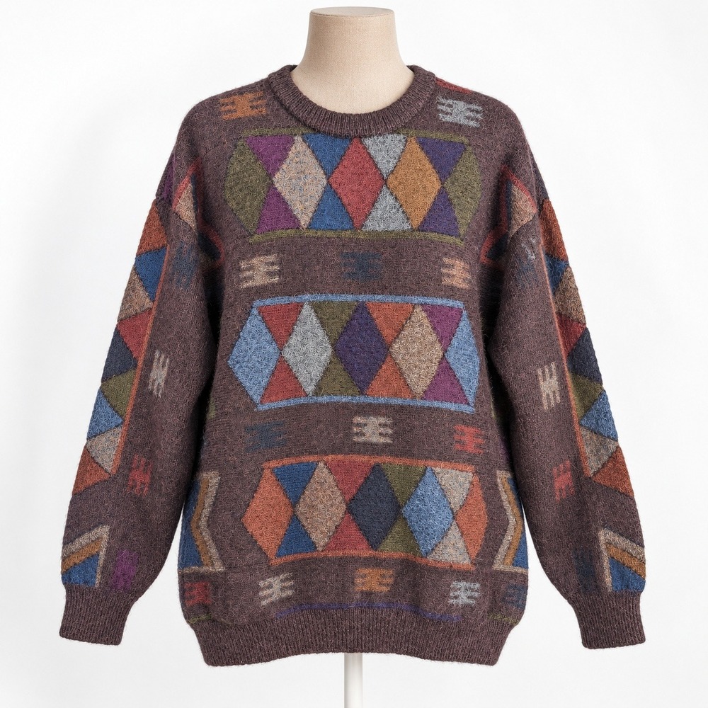 Vintage Peruvian Connection 100% Alpaca Sweater Size M Brown Geometric Boho Folk
